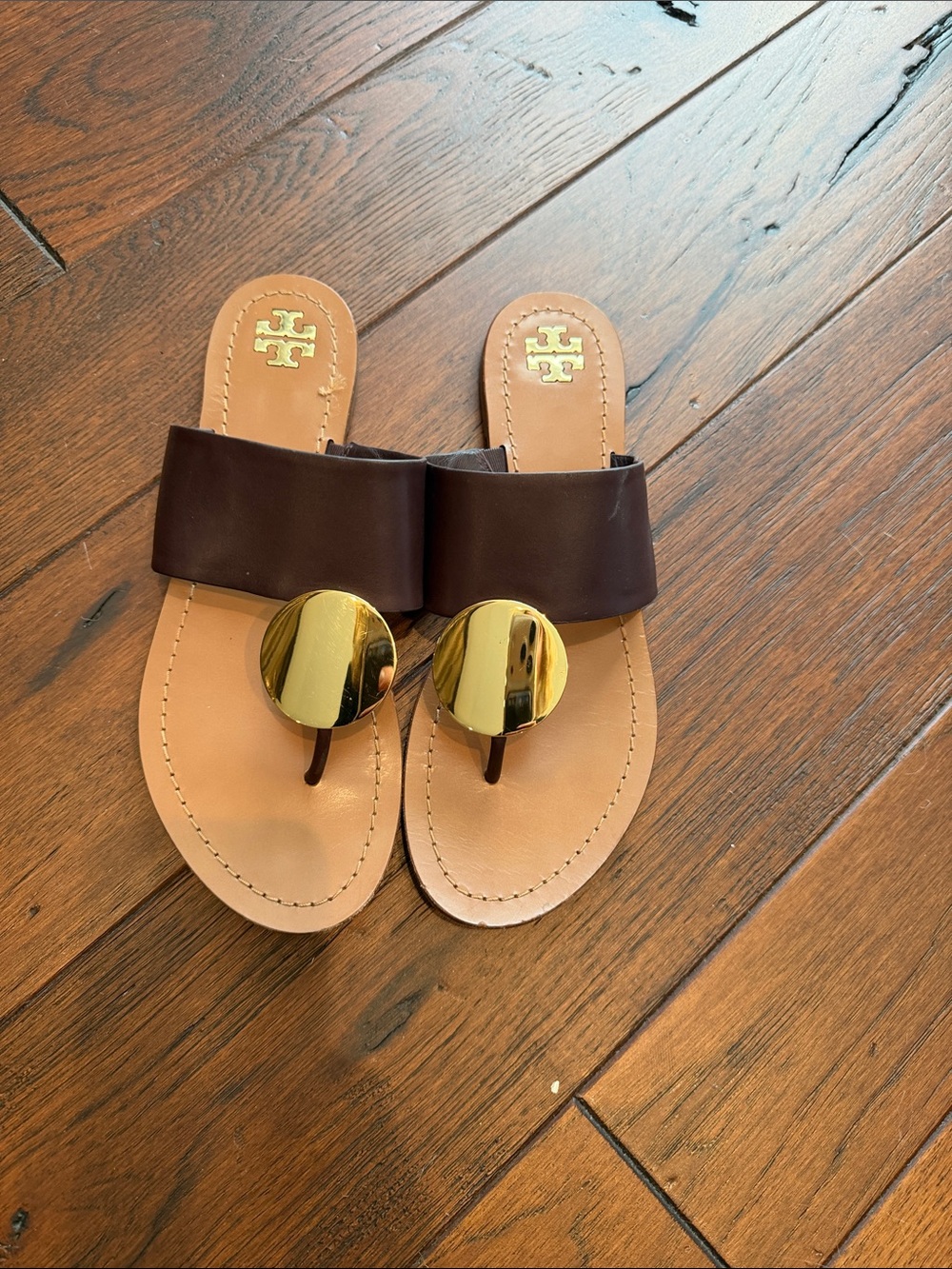 Tory Burch Patos Burgundy Leather Slide Sandals with Gold Disc